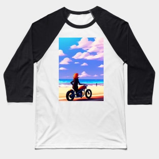 COOL RED HEADED GIRL ON BEACH WITH MOTORCYCLE RETRO Baseball T-Shirt